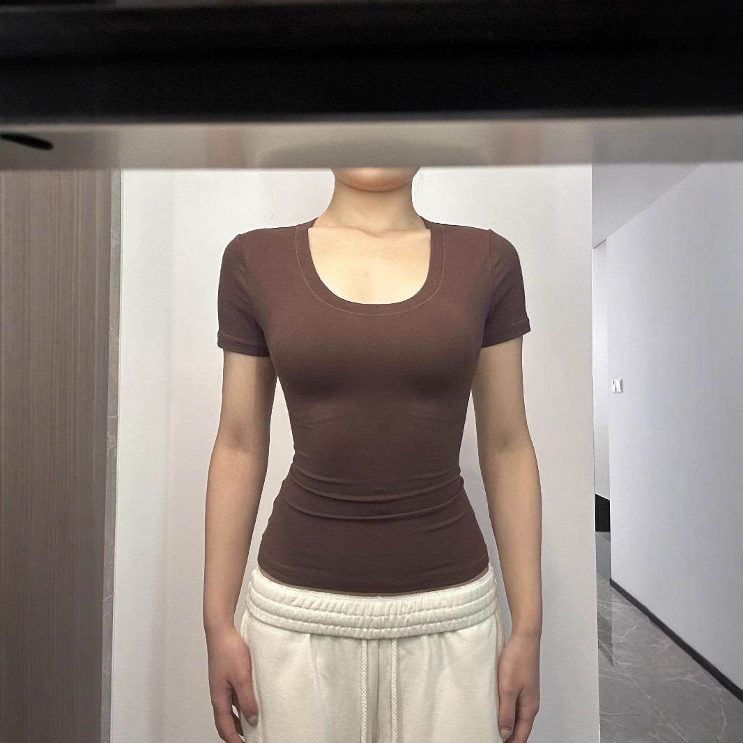 American Hot Girl U-collar Tight Waist Sports Shoulder Short Sleeve