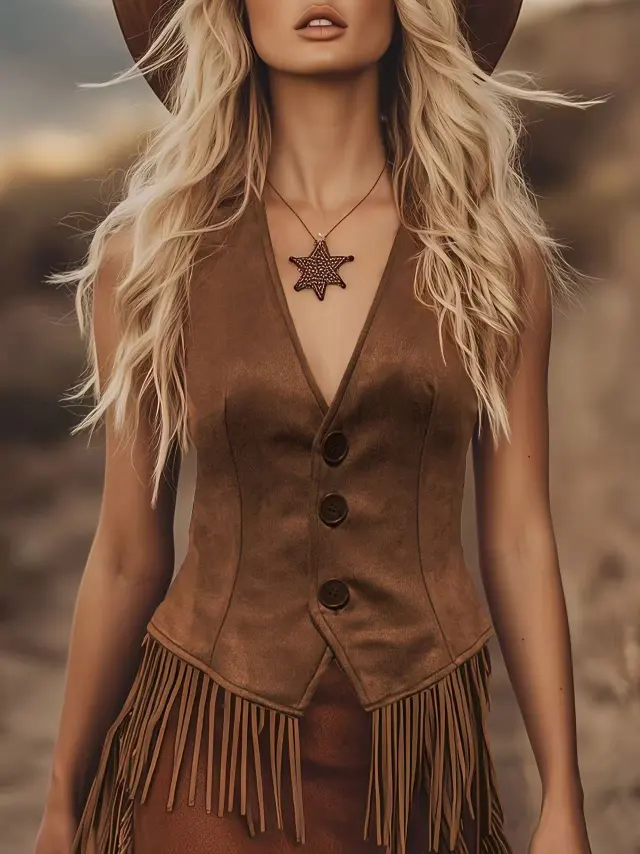 Retro Western Cowboy Style Suede Button Vest Dark Brown - Shop at LoveMi