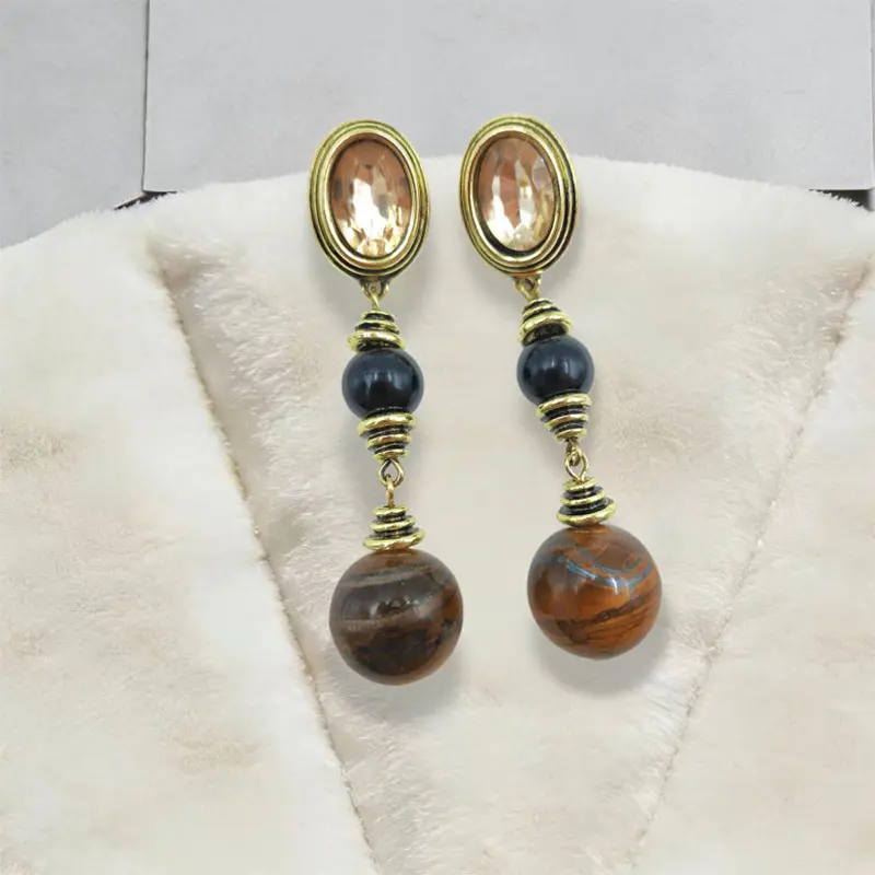 Retro Distressed Tiger Eye Stone Long Earrings