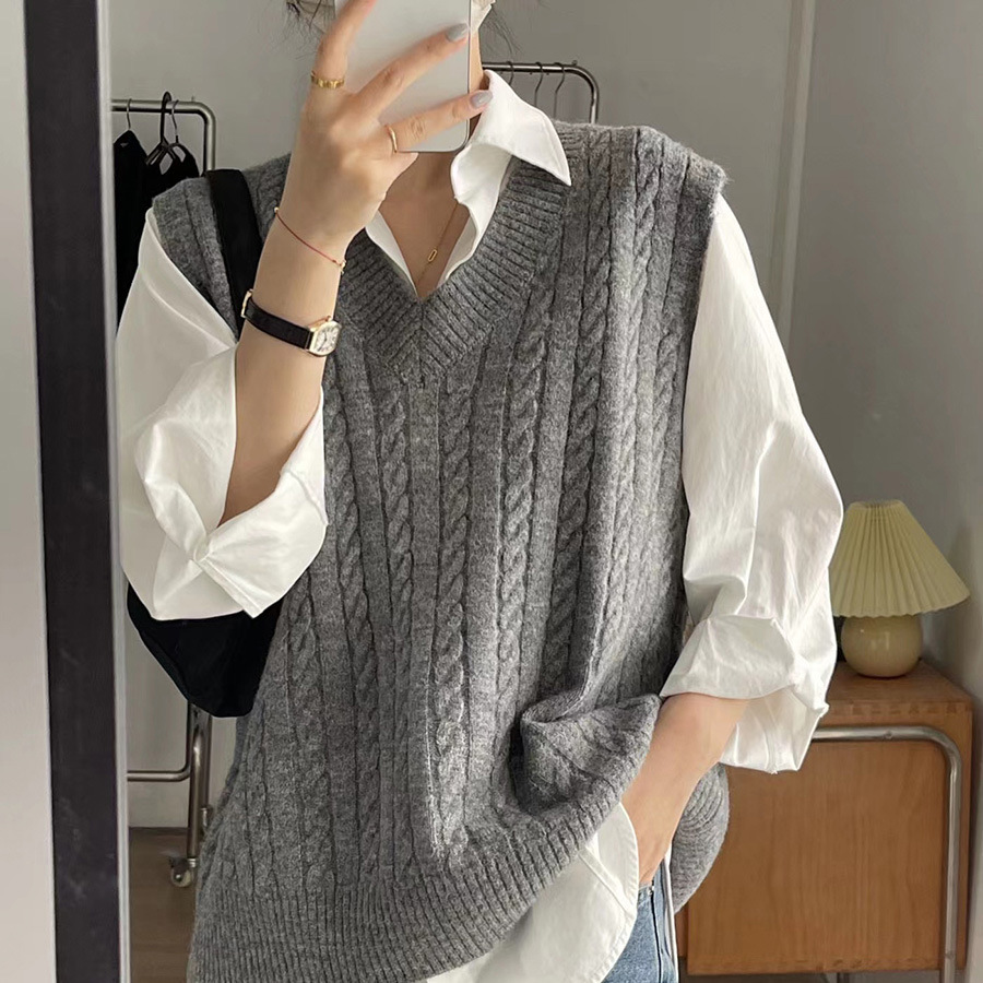 Autumn And Winter New Twist Knitted Vest Gray - Shop at LoveMi
