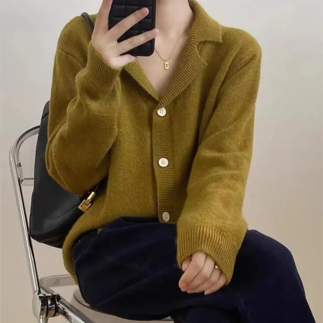 Lapel Width Long Sleeve Sweater Coat Top Mustard Yellow - Shop at LoveMi