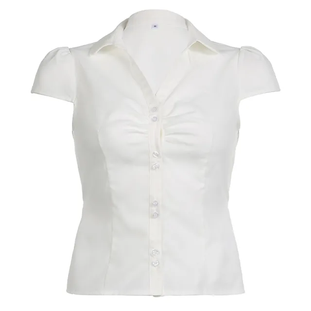 Summer Women's Pleated Casual Breasted Solid Color Back Lace up Short Sleeve Shirt White - Shop at LoveMi