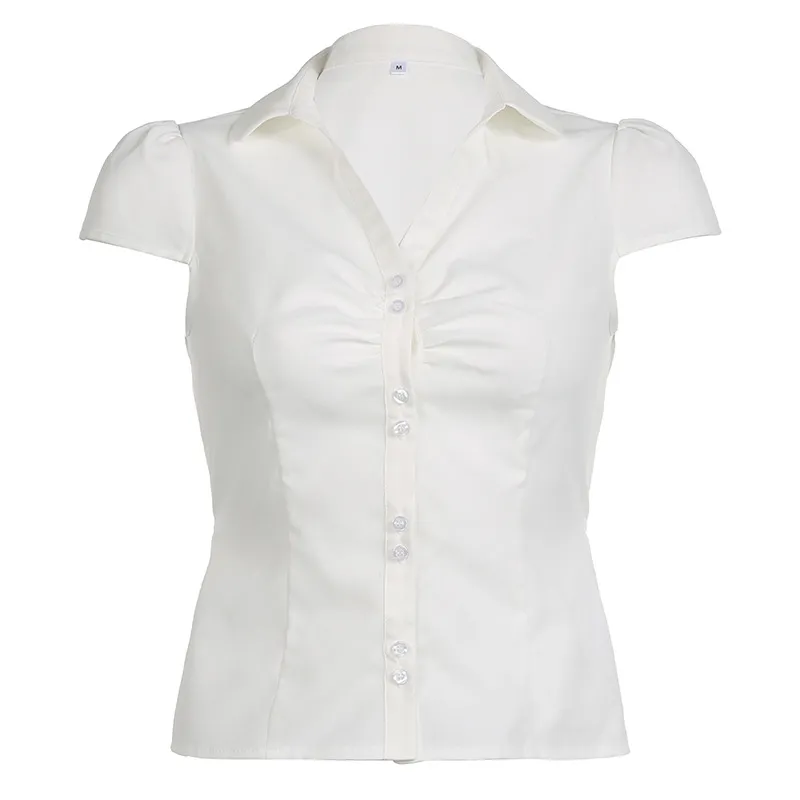 Summer Women's Pleated Casual Breasted Solid Color Back Lace-up Short Sleeve Shirt - White