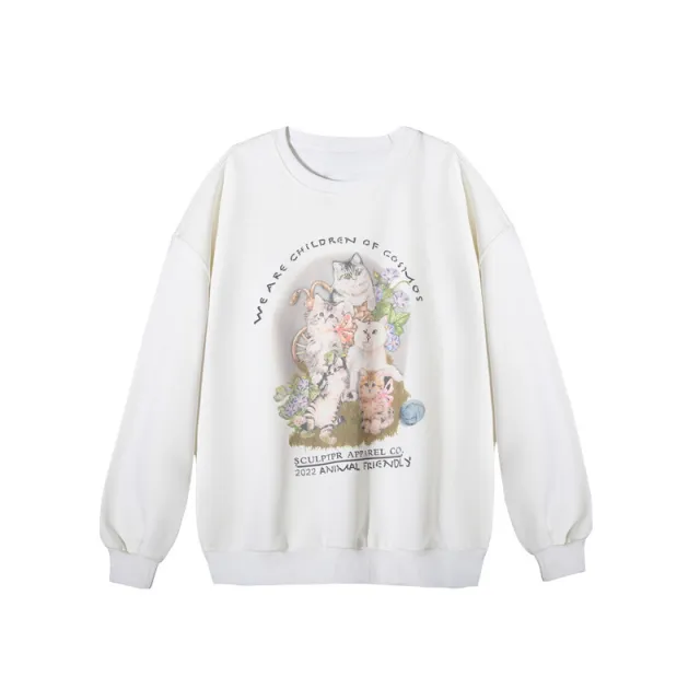 Women's Loose Round Neck Cartoon Mid length Sweater White - Shop at LoveMi