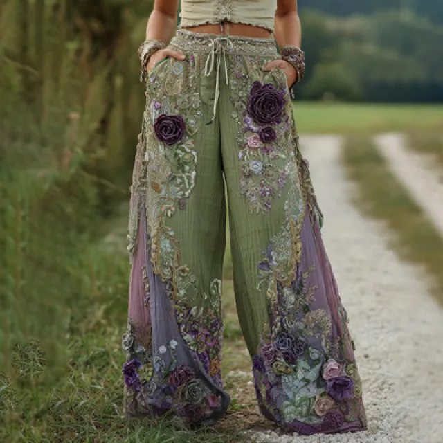 3D Floral Print Pattern Elegant Straight Women's Trousers Hh1510 - Shop at LoveMi