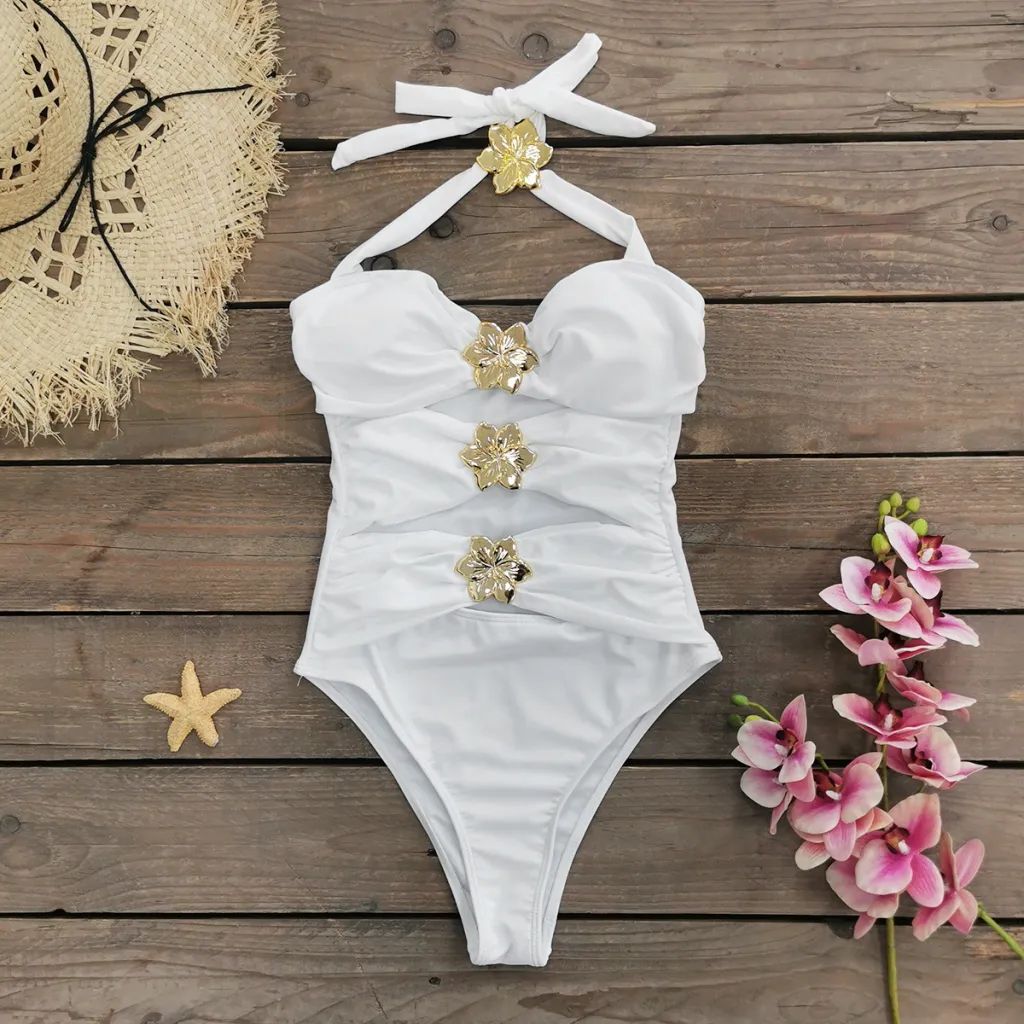 Solid Color One-piece Swimsuit Female New Skirt Hollow-out Tube Top Swimwear - White