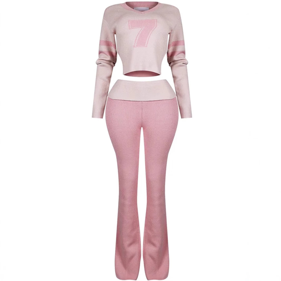 Contrast Color Fashion All match V neck Solid Color Knit Casual Long Sleeve Top And Trousers Suit Pink - Shop at LoveMi