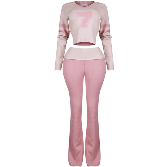 Contrast Color Fashion All match V neck Solid Color Knit Casual Long Sleeve Top And Trousers Suit Pink - Shop at LoveMi