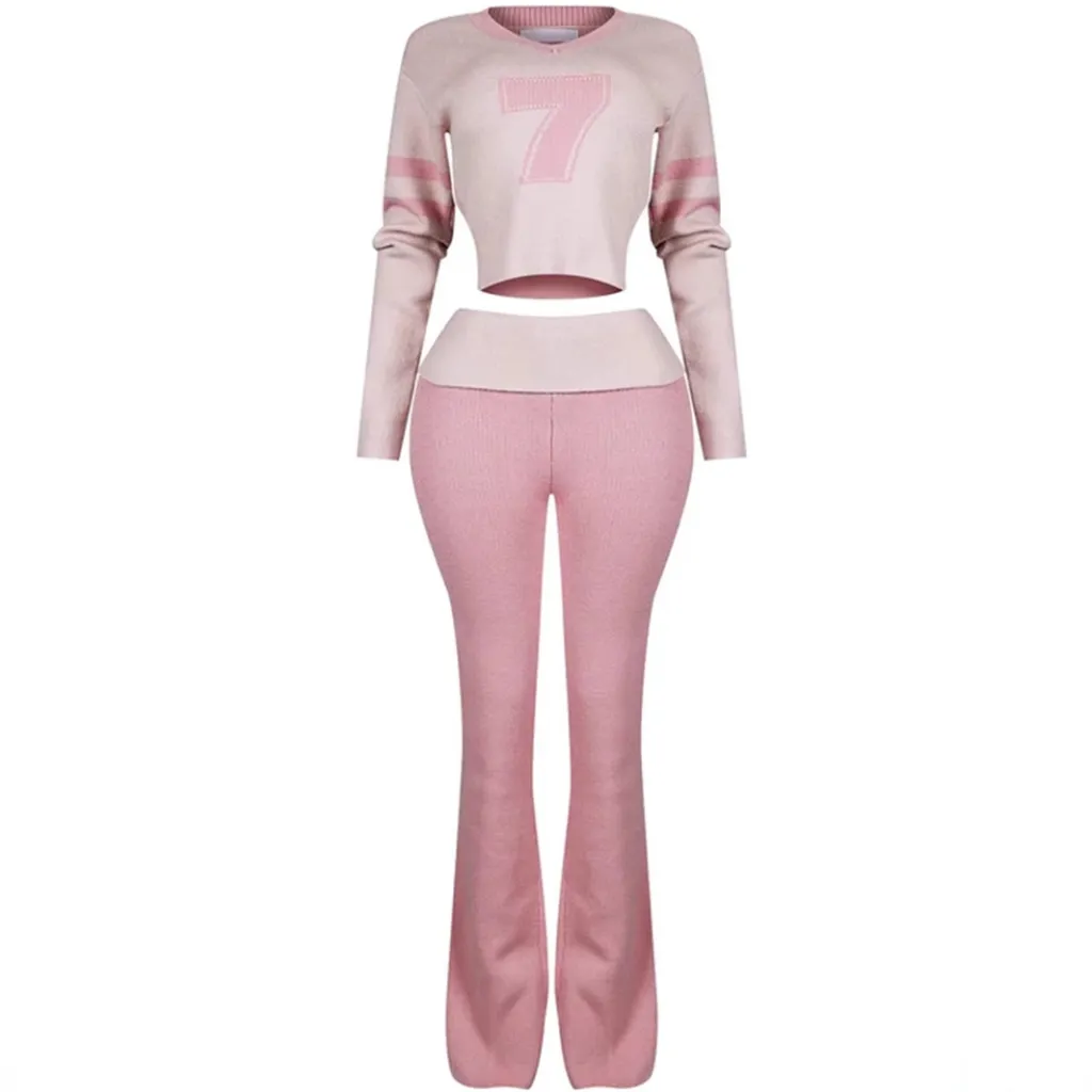 Contrast Color Fashion All-match V-neck Solid Color Knit Casual Long Sleeve Top And Trousers Suit - Pink