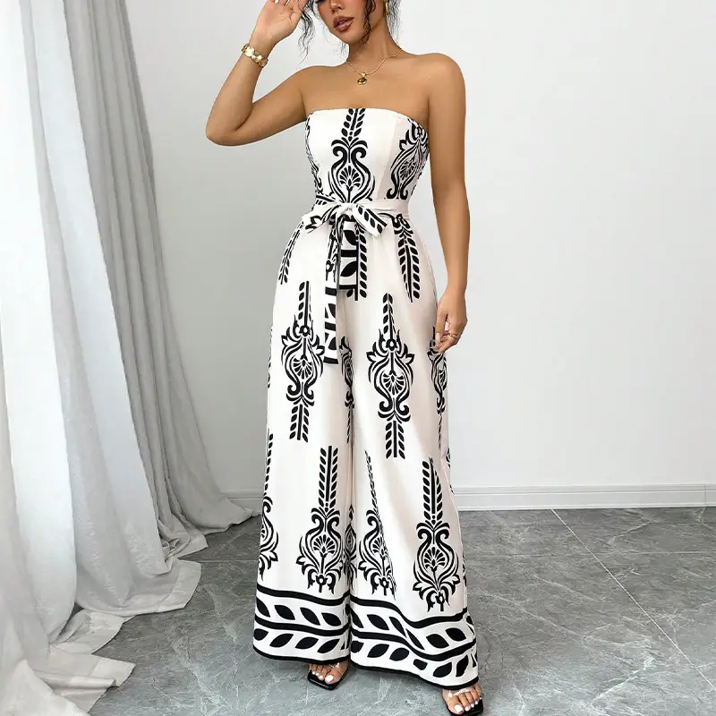 Women's Wide-leg Slim Fit Tied Printed Jumpsuit
