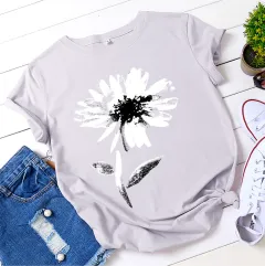 Women's Floral Printed Cotton Short-sleeved T-shirt Top - Light Gray - View 1