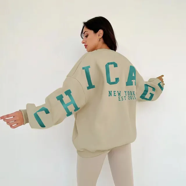 Women's Round Neck Loose Letter Printed Long Sleeve Sweater Apricot - Shop at LoveMi