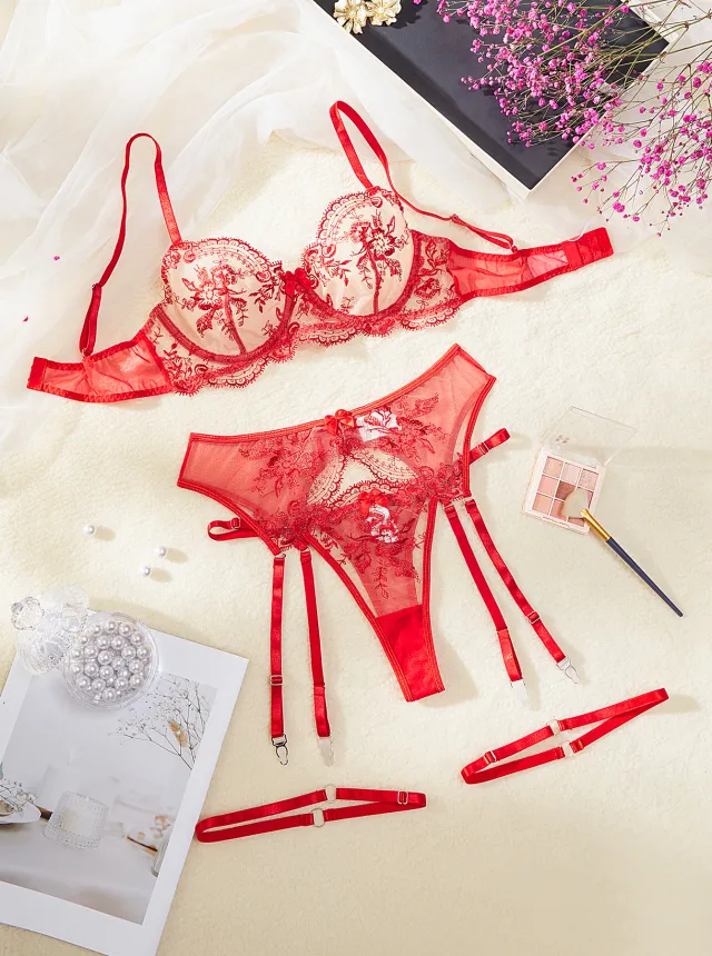 Underwear Embroidery See through With Cutout Suit Women Red - Shop at LoveMi