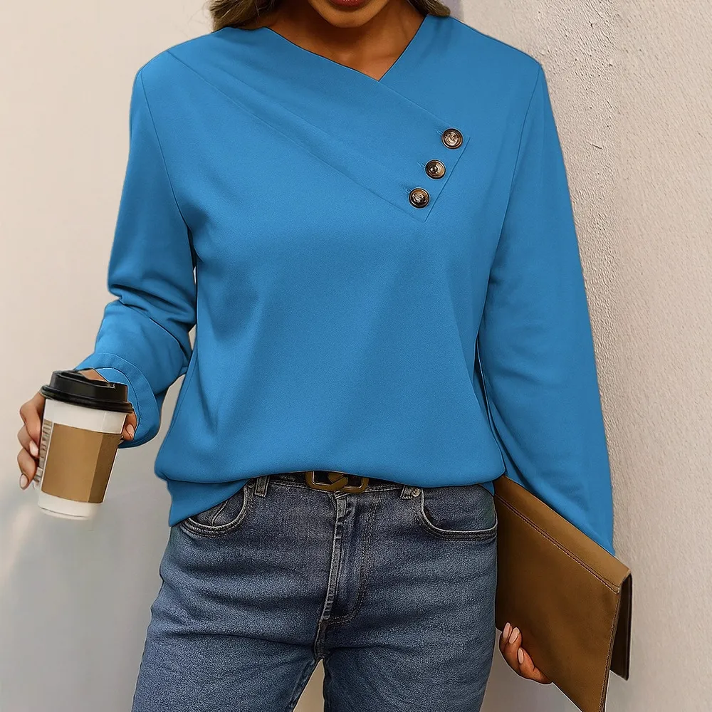 Women's Casual V-neck Long Sleeve Pullover Regular Sweater - Blue