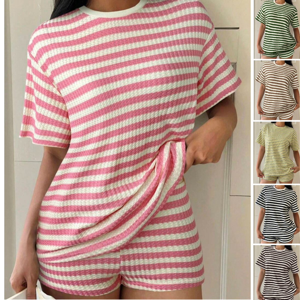 Striped Short-Sleeve T-Shirt Set Womens Fashion Summer