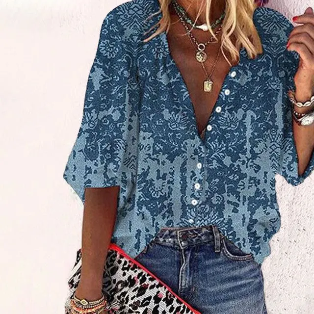 Bohemian Retro Geometric Print Colorful Spring And Autumn Women's Stand Collar Loose Shirt Style448 - Shop at LoveMi