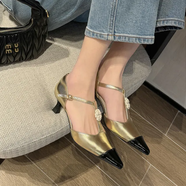 Women's Flower Stiletto Heel Pointed Toe Shallow Mouth Shoes Gold - Shop at LoveMi