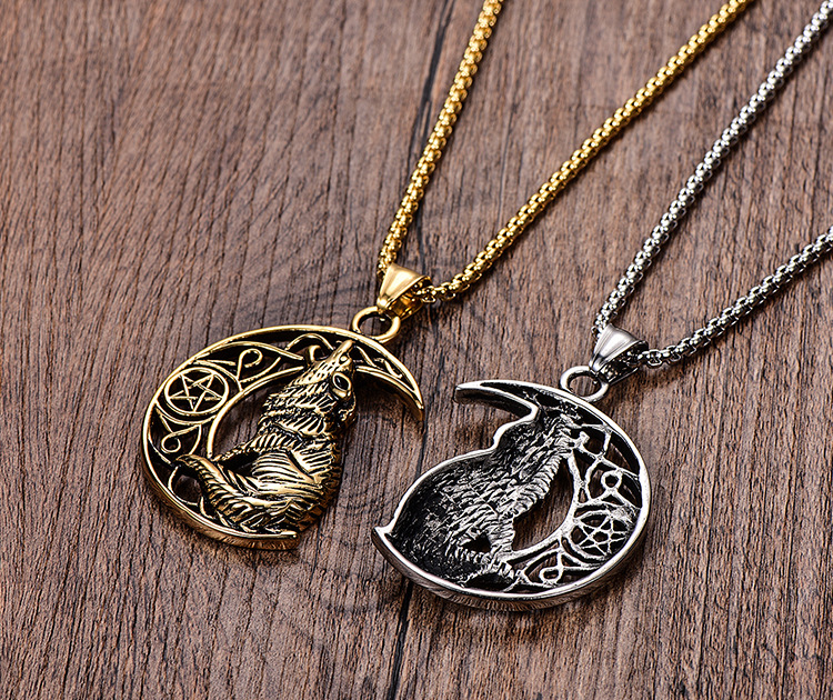 Title 4, Wolf On The Moon Pendant Necklace In Stainless ...