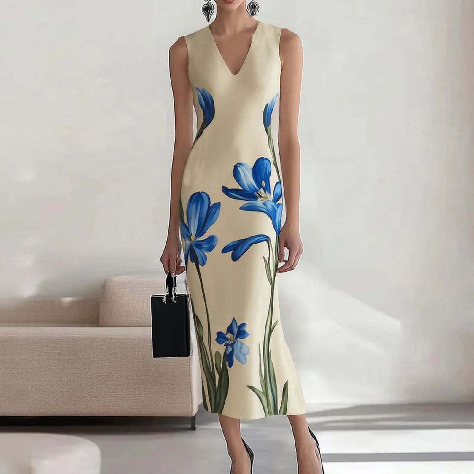 Printed Elegant Party Holiday Mid length Dress Apricot Beige - Shop at LoveMi