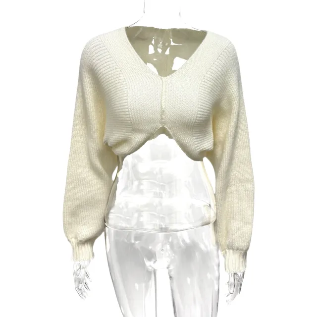 V neck Midriff baring Short Temperamental Knitted Sweater Beige - Shop at LoveMi