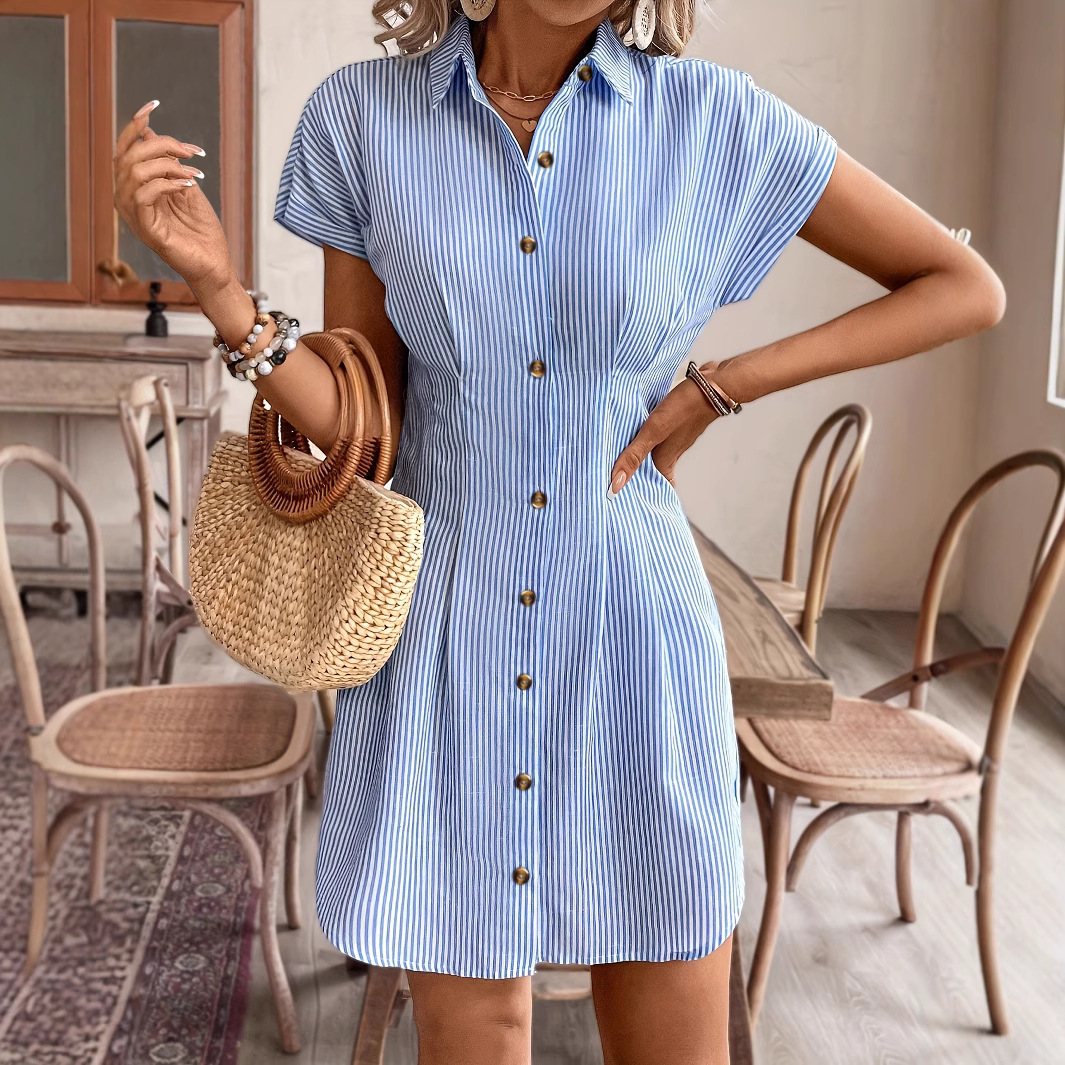 Blue Stripes Cardigan Short Sleeve Dress