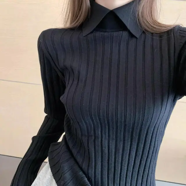 Early Autumn Winter Thread Sunken Stripe Slim Fit Pullover Inner Wear Knitted Bottoming Shirt Lapel Long Sleeve Sweater Black - Shop at LoveMi