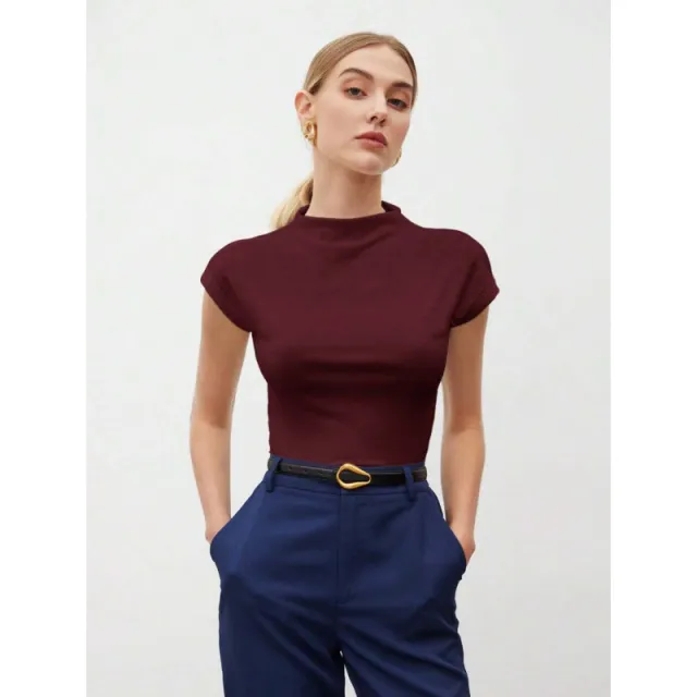 Women's Slim Fit Fashionable All match Pure Color Tight Half Sleeve Burgundy - Shop at LoveMi