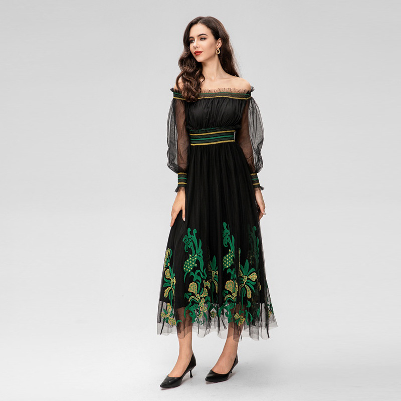 Oversized Skirt Off-shoulder Off-shoulder Collar Machine Embroidery Long Sleeve… — image 1