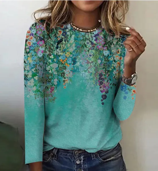 Spring Ethnic Print Loose Round Neck Long Sleeve Top Emerald Green - Shop at LoveMi