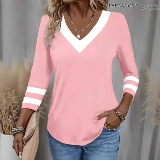 Women's Color Matching Long sleeved V neck T shirt Pink - Shop at LoveMi