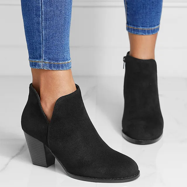 Women's Boots V Cut Side Zipper Round Head Leisure Suede Chunky Heel Ankle Boots Short Boots Black - Shop at LoveMi