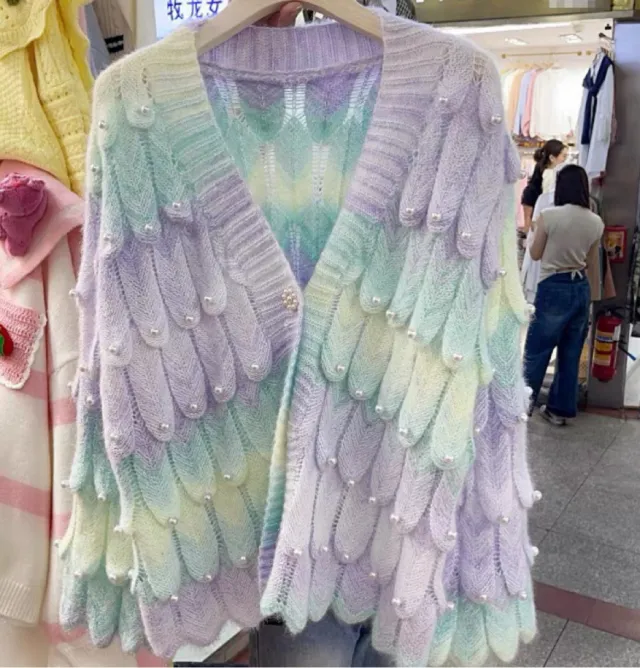 French Minority Heavy Industry Beads V neck Sweater For Women Green - Shop at LoveMi