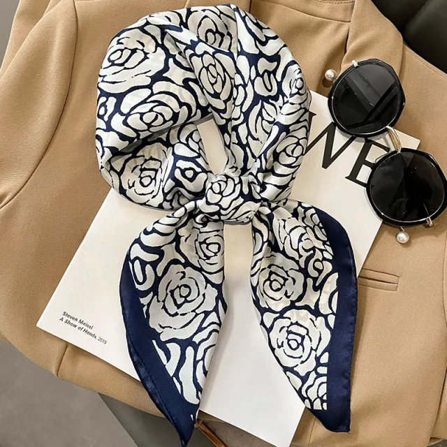 Classic Style Printed Silk Warm Shawl Decorative Hair Band Scarf Navy Blue Edge - Shop at LoveMi