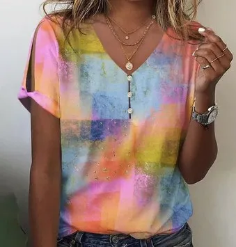 Flower Series 3D Printed V neck Button T shirt Top Bmjxtx208 - Shop at LoveMi