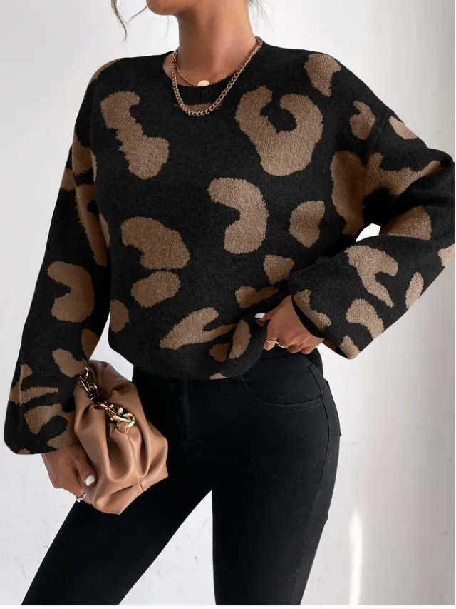 Leopard Print Off shoulder Fluffy Knitted Round Neck Sweater Leopard - Shop at LoveMi