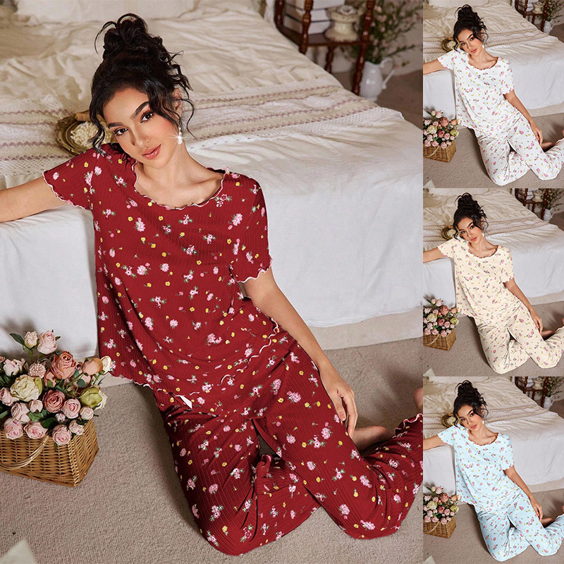 Loose Womens Pajamas Floral Short-Sleeve Pants Two-Piece Set