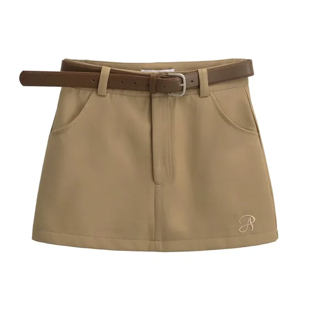 Letter Embroidery Anti exposure High Waist Retro A Line Short Skirt For Women Khaki - Shop at LoveMi