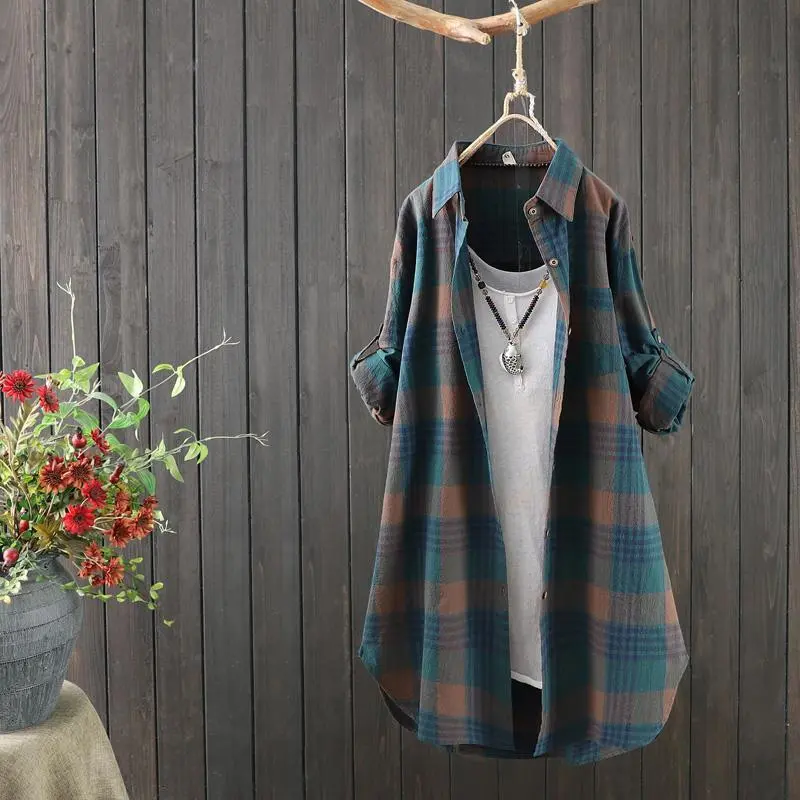 Casual Plaid Shirt Women's Mid-length Loose Korean Style - Navy