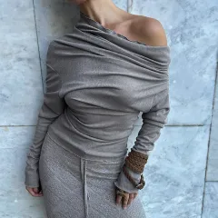 Swing Collar Long Sleeve Elegant Slim-fit T-shirt Top - Light Grey - View 1