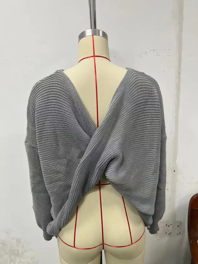Backless Sweater Long Sleeve Long Sleeve Knitted Gray - Shop at LoveMi