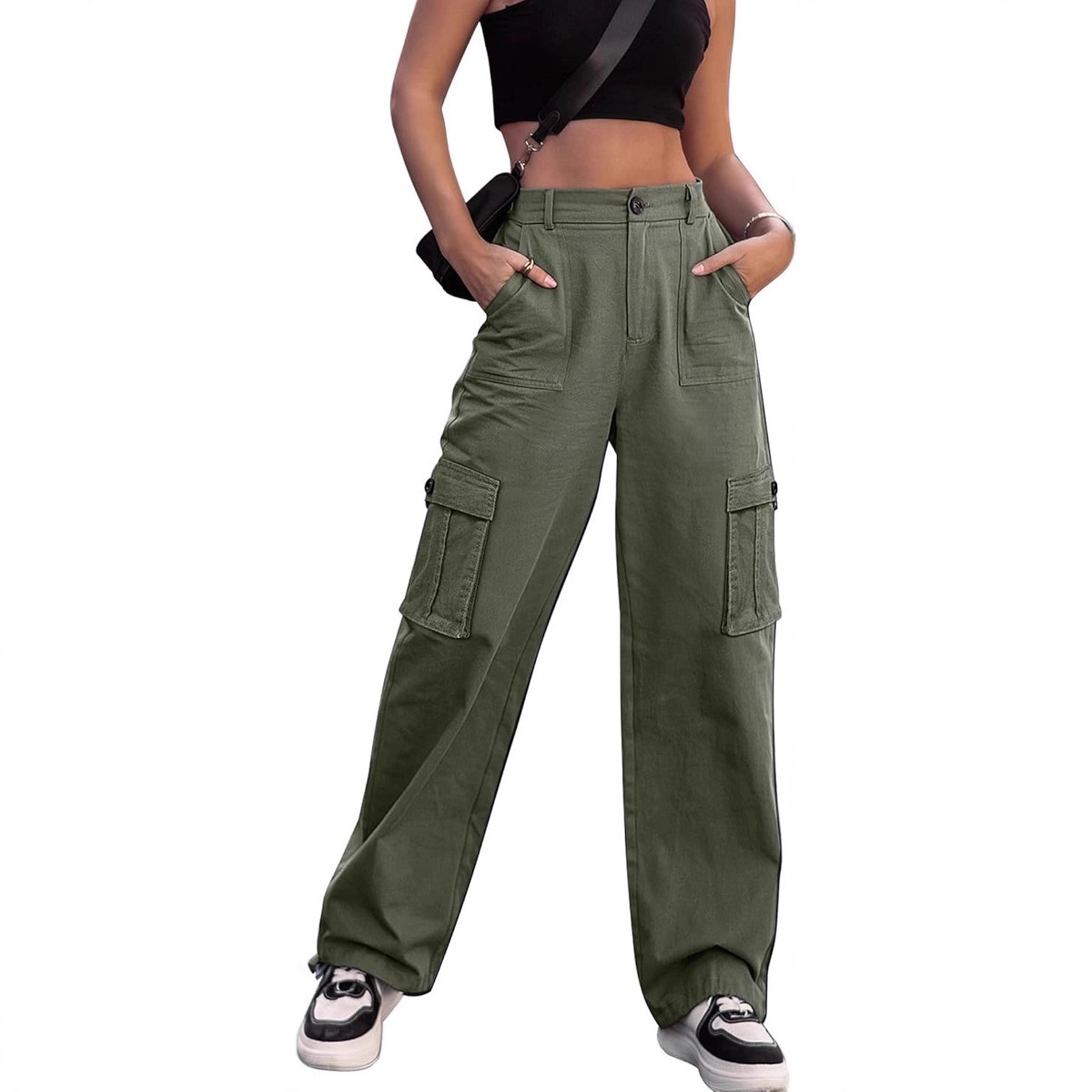 Womens Semi-elastic-waist European And American-style Utility Pants