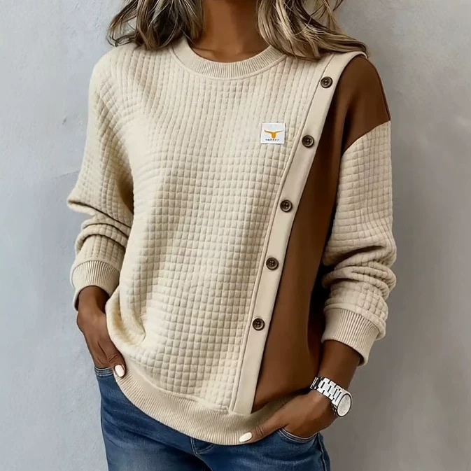 Women's Casual Loose-fit Solid-color Patchwork Button Ribbed Sweatshirt