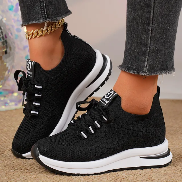 Plus Size Fashion Platform Flat Pumps Women's Casual Lace Up Mesh Sneaker Black - Shop at LoveMi