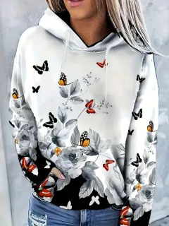 Plant Animal Vintage Print Loose Women's Hooded Pullover - G44Z1388-6Xl - View 1