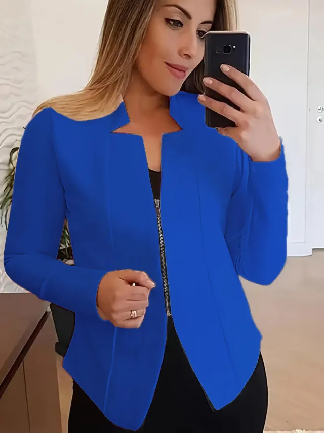Women's Solid Color Top Zipper Jacket Small Suit Blue - Shop at LoveMi