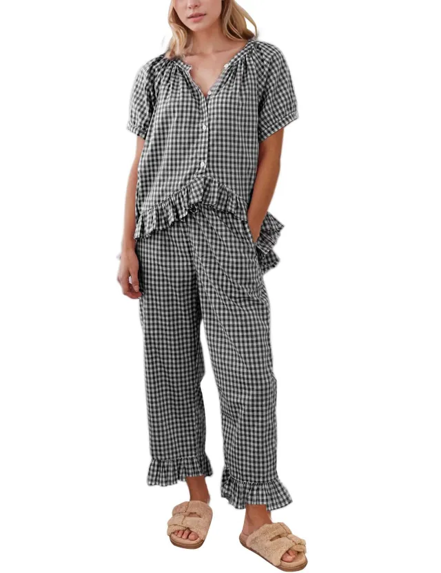 2 piece Set Short Sleeve Ruffled Top And Pants Black - Shop at LoveMi