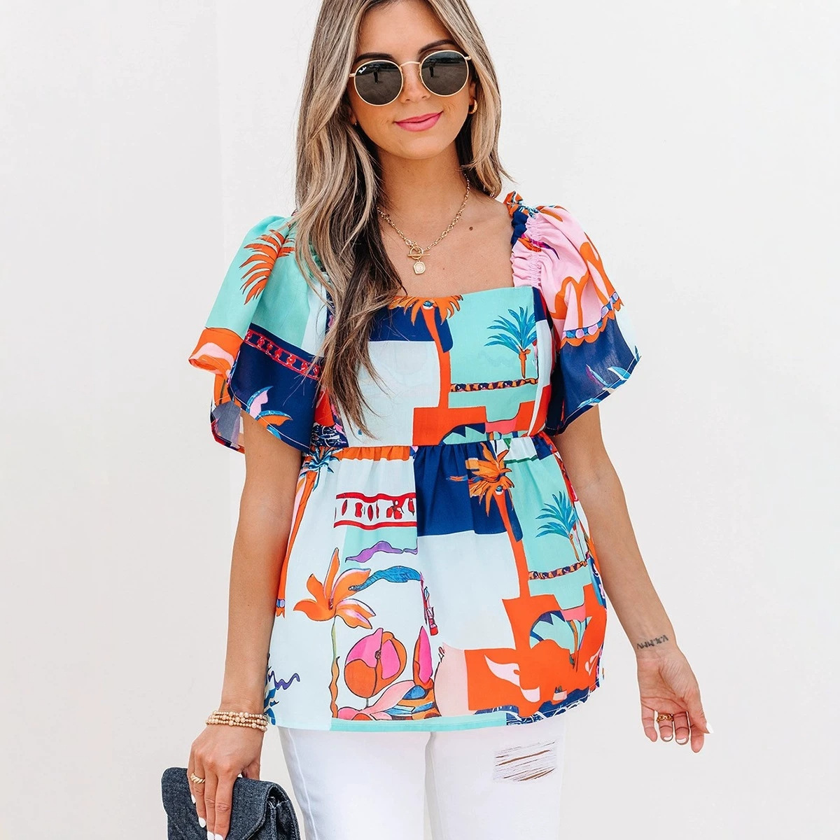 Womens Summer Ruffle-Trim Short-Sleeve T-Shirt