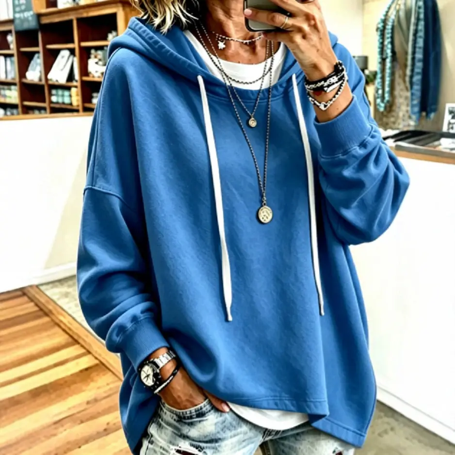 New Versatile Solid-color Drawstring Hooded Sweatshirt