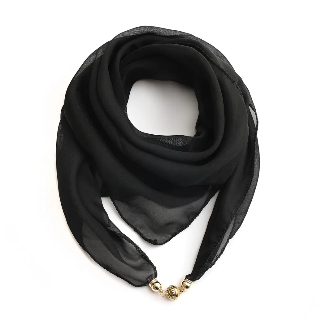 Fashion Monochrome Golden Ball Chiffon Magnetic Buckle Silk Scarf - 1 Black