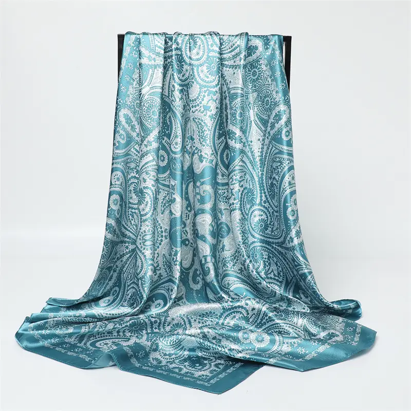 Geometric Cashew Flower Satin Printed Silk Scarf